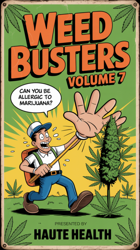 Cartoon-style image of a man recoiling in fear with a giant hand held up toward a cannabis plant, alongside the text “Weedbusters Volume 7 – Can You Be Allergic to Marijuana? Presented by Haute Health.”