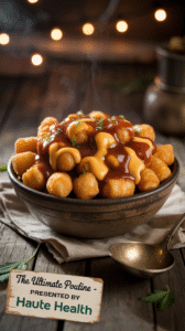 A bowl of golden tater tots topped with rich brown cannabis-infused gravy and melted cheese, presented as a THC poutine snack by Haute Health.