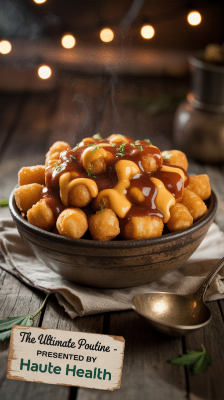 A bowl of golden tater tots topped with rich brown cannabis-infused gravy and melted cheese, presented as a THC poutine snack by Haute Health.
