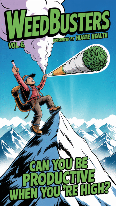 Cartoon-style illustration of a hiker triumphantly standing atop a snowy mountain peak, holding a giant smoking joint like a flag. The text reads: “Weedbusters Vol. 6 – Presented by Haute Health” and “Can You Be Productive When You’re High?”