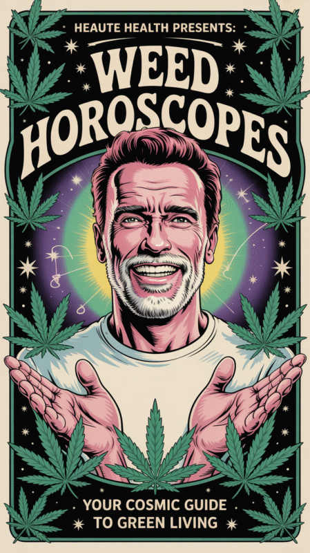 Arnold Schwarzenegger weed horoscope flexing with zodiac cannabis symbols