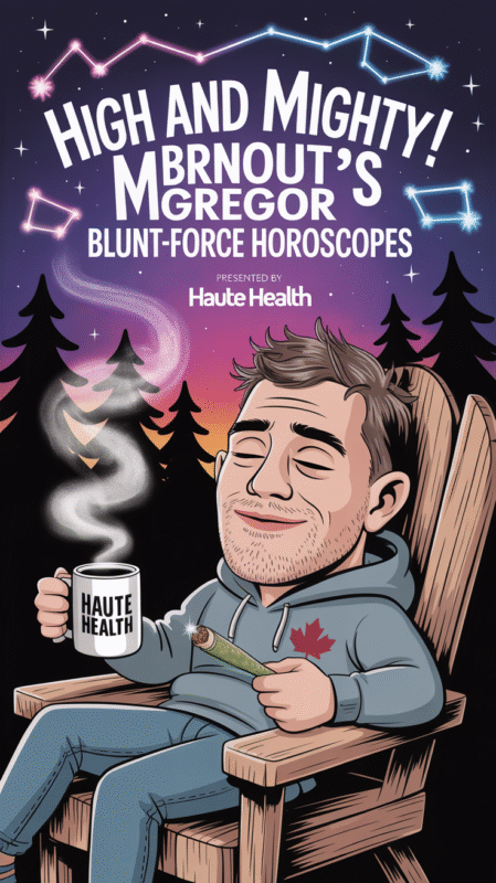 Cartoon-style illustration of a relaxed man resembling Conor McGregor, lounging in a wooden chair under a night sky with glowing constellations. He’s wearing a hoodie with a red maple leaf, holding a coffee mug labeled “Haute Health” in one hand and a large joint in the other. Smoke swirls upward as stars twinkle above a backdrop of pine trees.