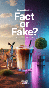 A kangaroo stares at an iced capp in the desert beside a glowing bonsai, under the bold words “Fact or Fake?”