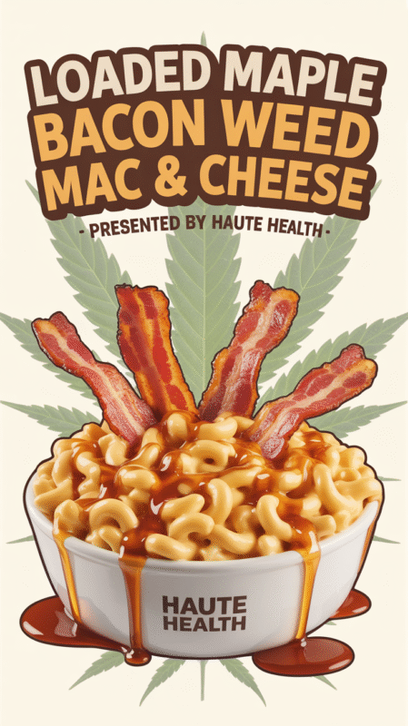 Bowl of maple bacon weed mac and cheese topped with crispy bacon and maple drizzle