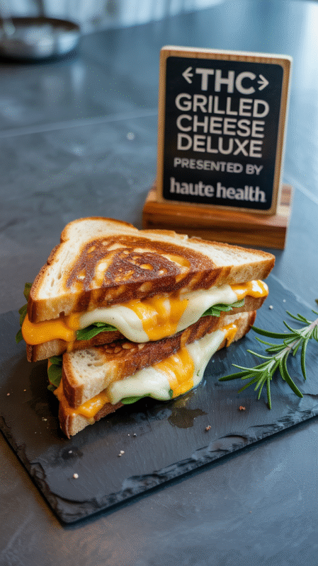 Close-up of a gooey THC-infused grilled cheese sandwich stacked on a slate board, with a Haute Health sign in the background.