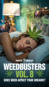A woman sleeps peacefully with a cannabis leaf on her head, while surreal dream elements like science diagrams and moose in pajamas float above her.
