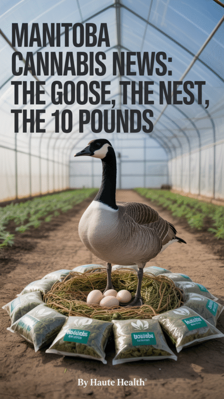 Goose with crown guarding a cannabis nest in a greenhouse.