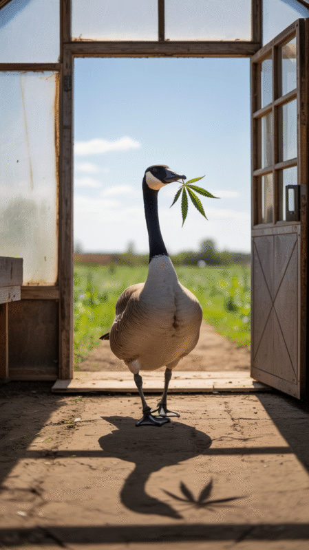 Goose leaving greenhouse with cannabis leaf in beak.