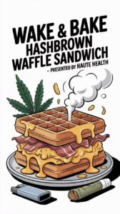 Crispy hashbrown waffle sandwich with bacon, egg, cheese, and cannabis