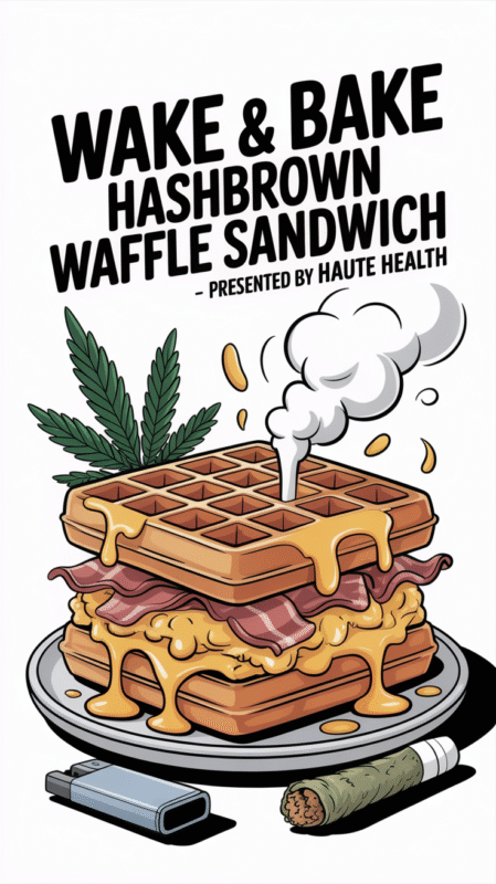 Crispy hashbrown waffle sandwich with bacon, egg, cheese, and cannabis