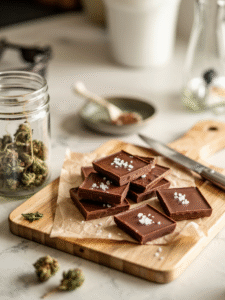 Weed chocolate recipe Canada with cannabutter and cannabis buds