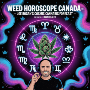 Weed horoscope Canada zodiac chart with cannabis bud and Joe Rogan illustration