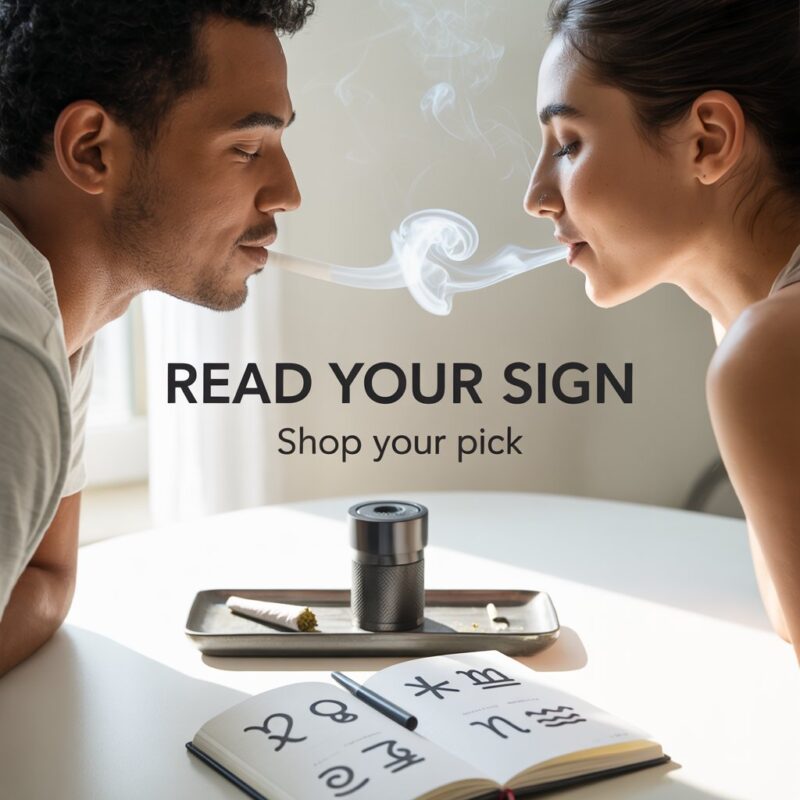 Read Your Sign, Shop Your Pick – Lifestyle Banner Two friends at a tidy coffee table with a zodiac notebook and a small rolling tray in bright natural light
