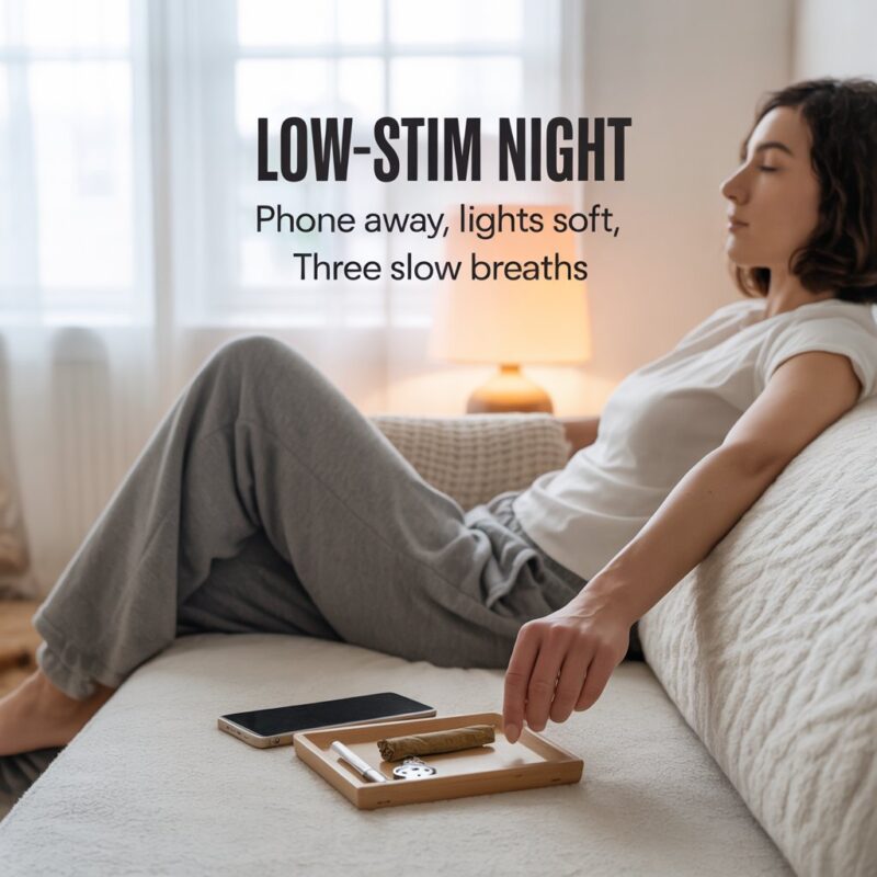 Low-Stim Night – Tip Tile Person relaxing on a sofa with phone face down beside a small rolling tray, soft lamp light, calm scene