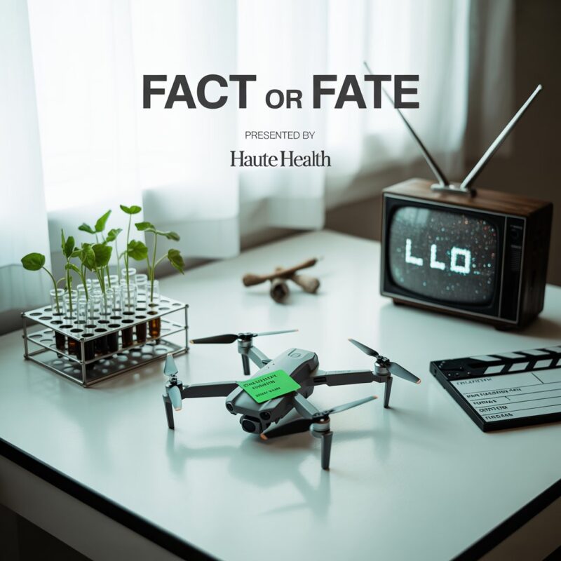 Fact or Fate hero still life with lab vials, drone, and retro TV