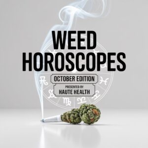 Minimal poster with smoky zodiac wheel and a rolled joint on white, bold Weed Horoscopes title