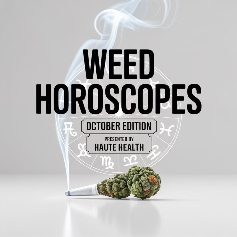 Weed Horoscopes – Birthday Week Edition Bold Weed Horoscopes title on white with a subtle smoky zodiac circle