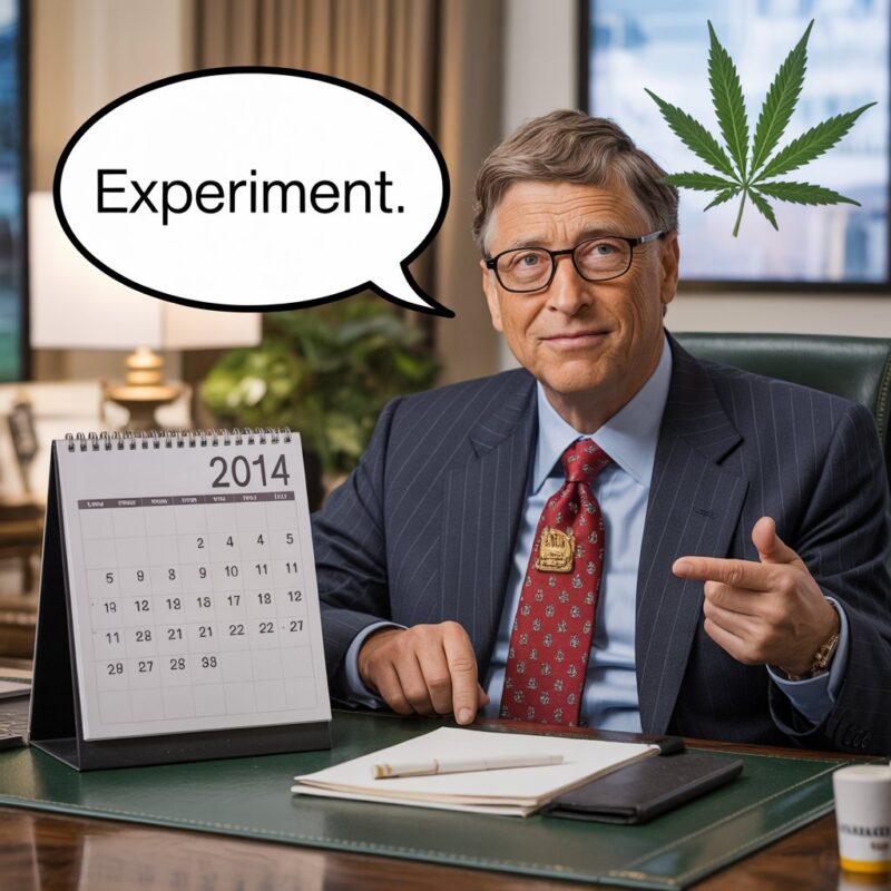 Photorealistic Bill Gates at desk with 2014 calendar, speech bubble saying "experiment," subtle marijuana leaf in background, professional yet witty vibe.