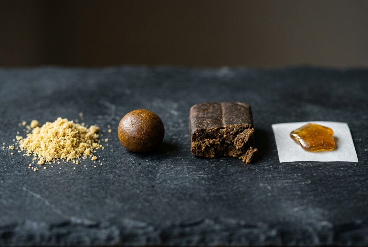 Four types of hash side by side — golden dry sift, sticky bubble hash, a dark pressed brick and glassy hash rosin.