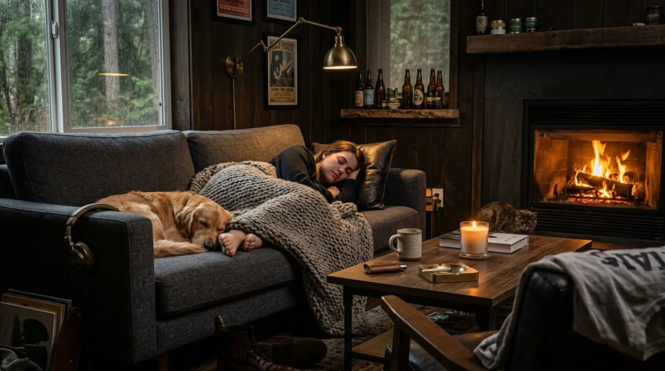 Warm and cozy living room illuminated by soft lamp lighting, perfect for late evening relaxation.