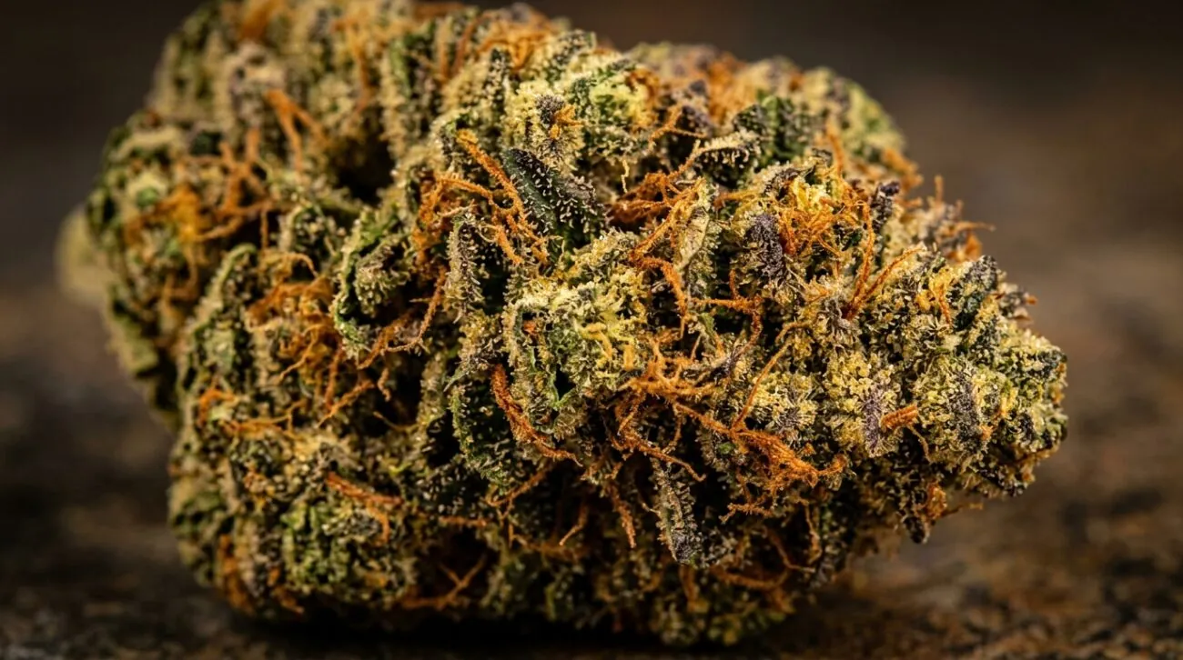 Close-up macro view of a frosty Death Bubba cannabis nug showing amber trichomes and fiery orange pistils.