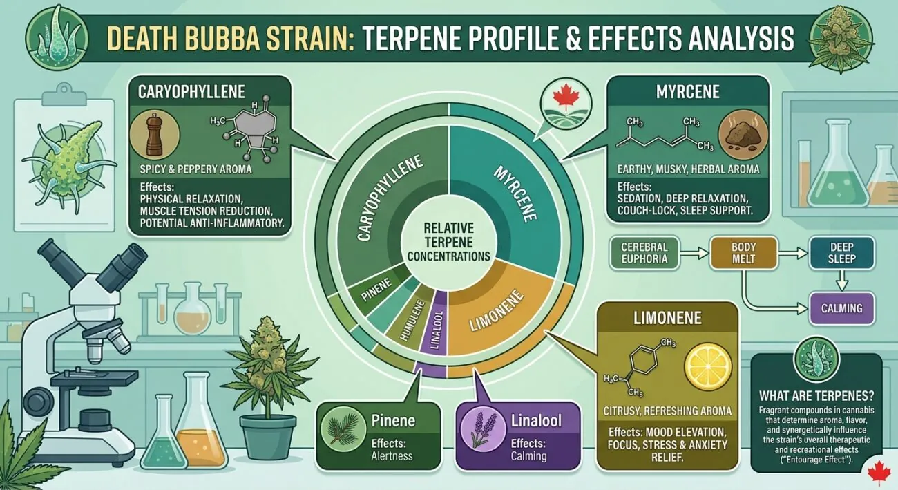 Scientific infographic illustrating the prominent terpene nodes of Death Bubba, highlighting Myrcene and Caryophyllene.