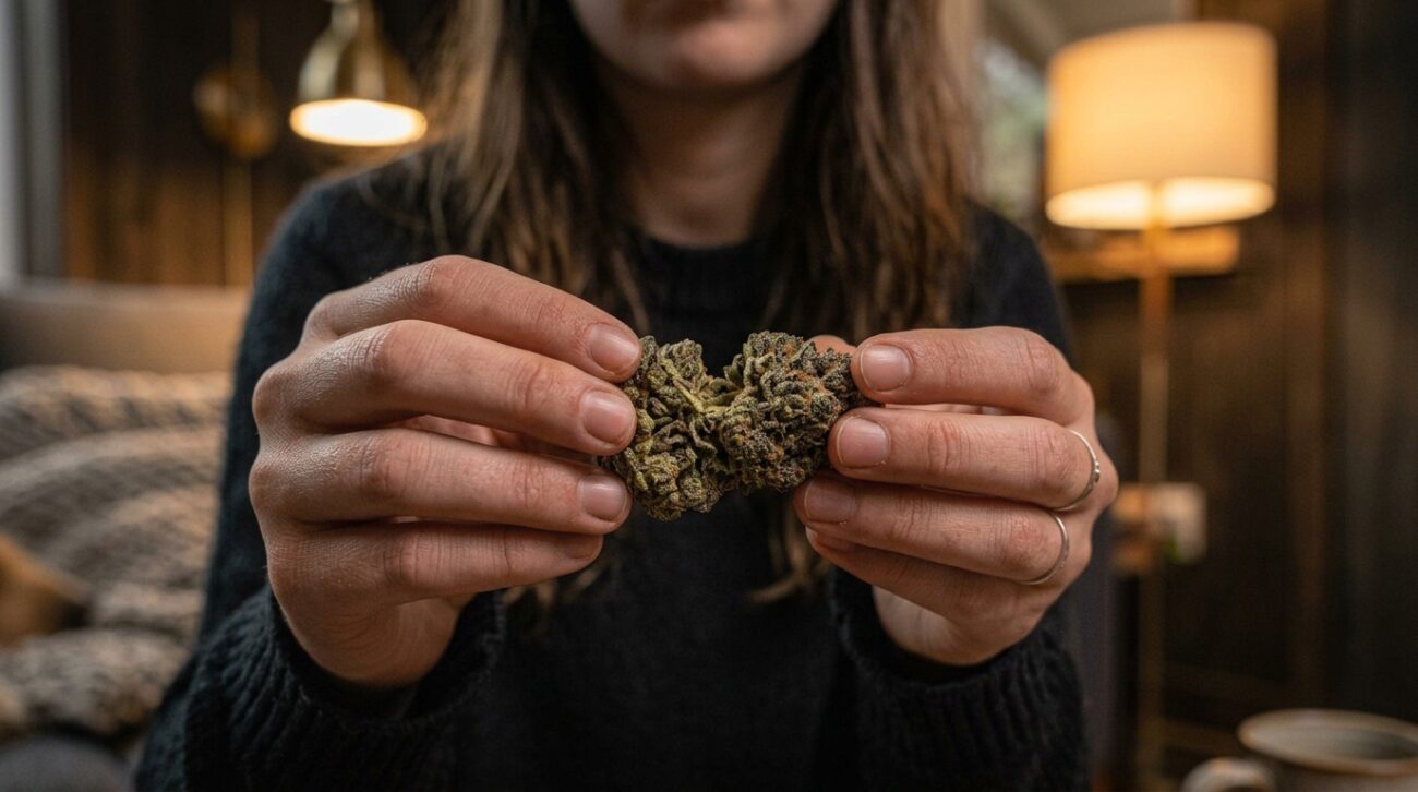 Close-up of hands breaking open a dense Death Bubba cannabis nug in a warm, cozy room.