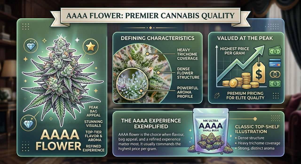 Close-up of AAAA grade cannabis flower showing dense trichome coverage
