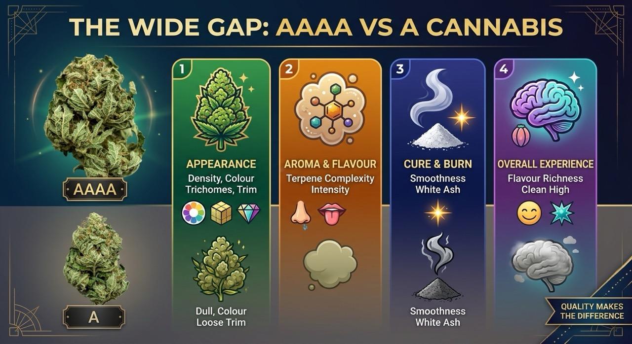 Side-by-side comparison of AAAA grade and A grade cannabis flower