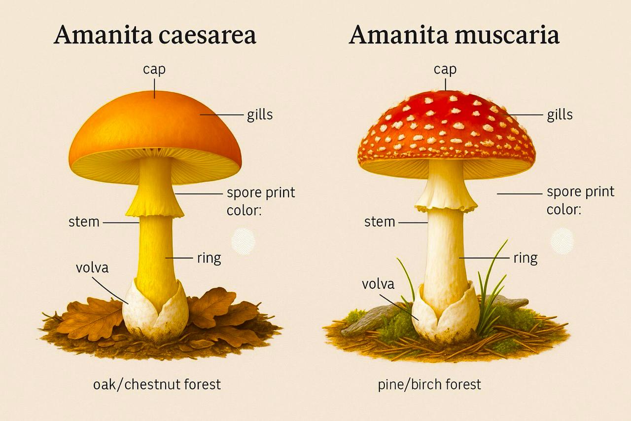 Comparison of Amanita species, including the distinctive red-and-white Amanita muscaria