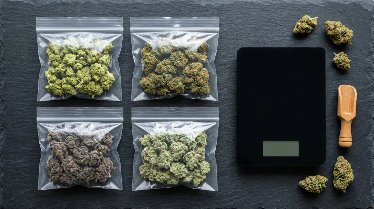 Bulk cannabis order with vacuum-sealed bags and glass jars of flower on a wooden table for a Bulk Weed Canada review