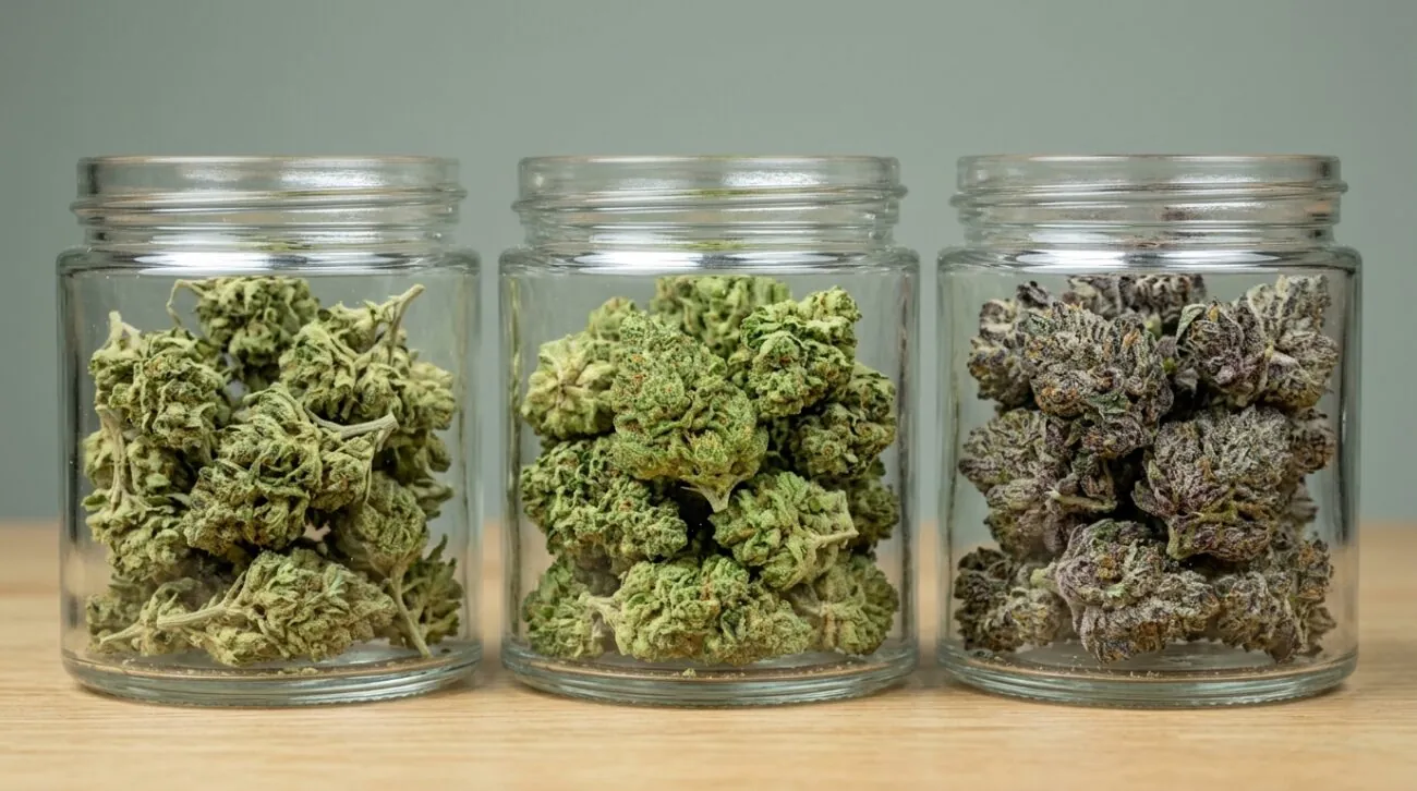 Three glass jars of AA, AAA and AAAA cannabis flower compared side by side for a Bulk Weed Canada review