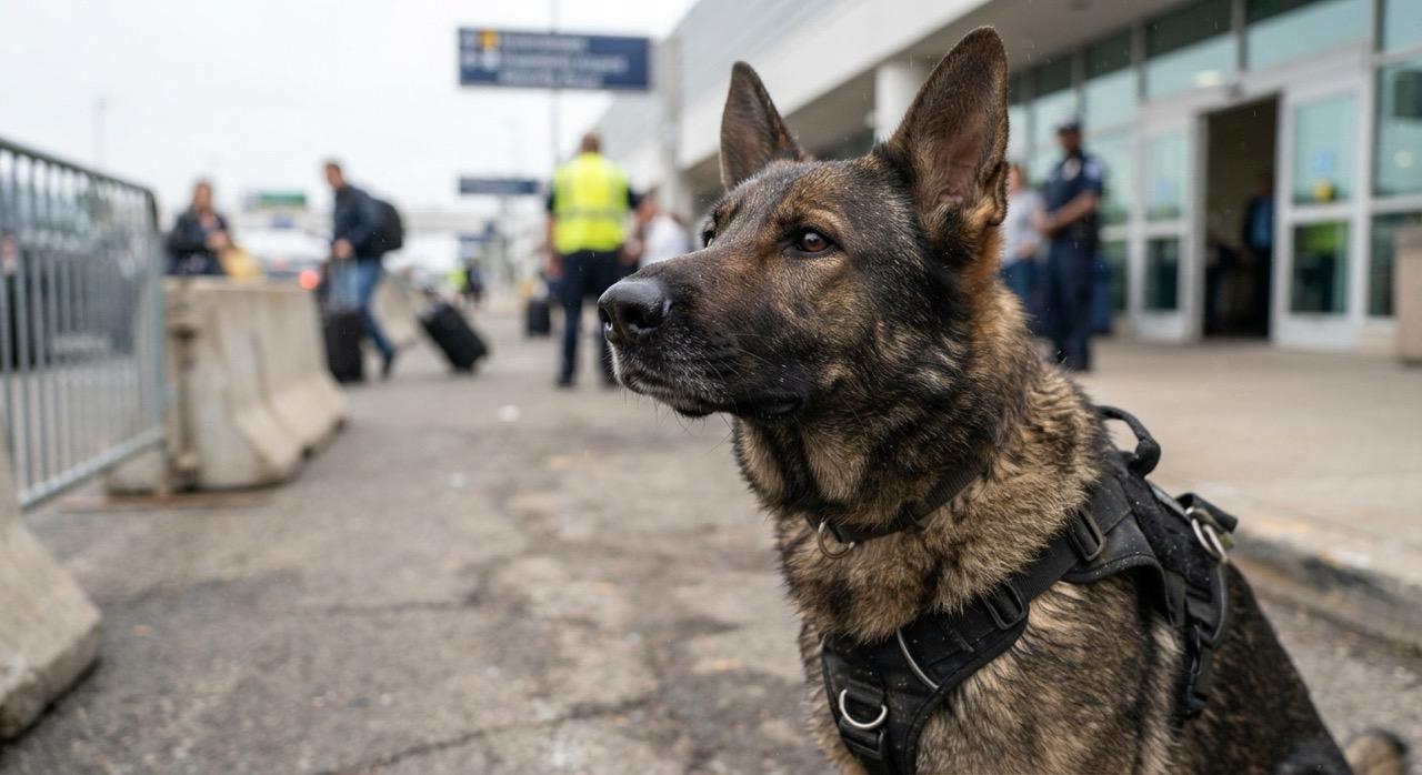 Trained drug detection dog demonstrating superior canine sense of smell for cannabis