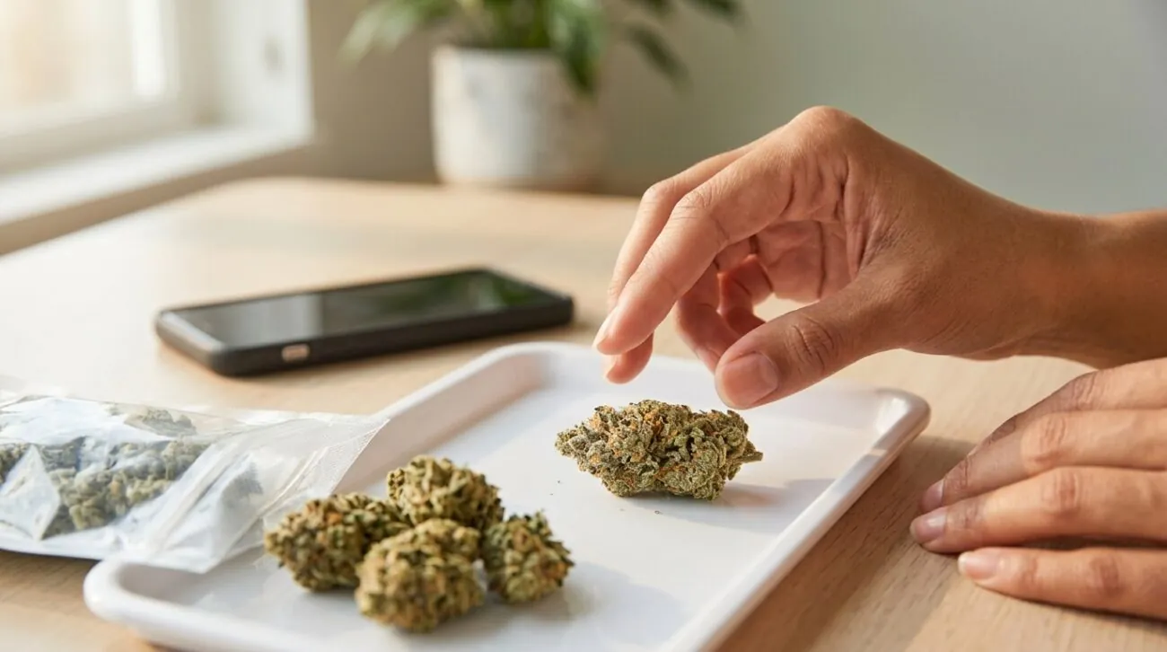 Customer inspecting cannabis buds with a magnifying loupe after a bulk online order arrives